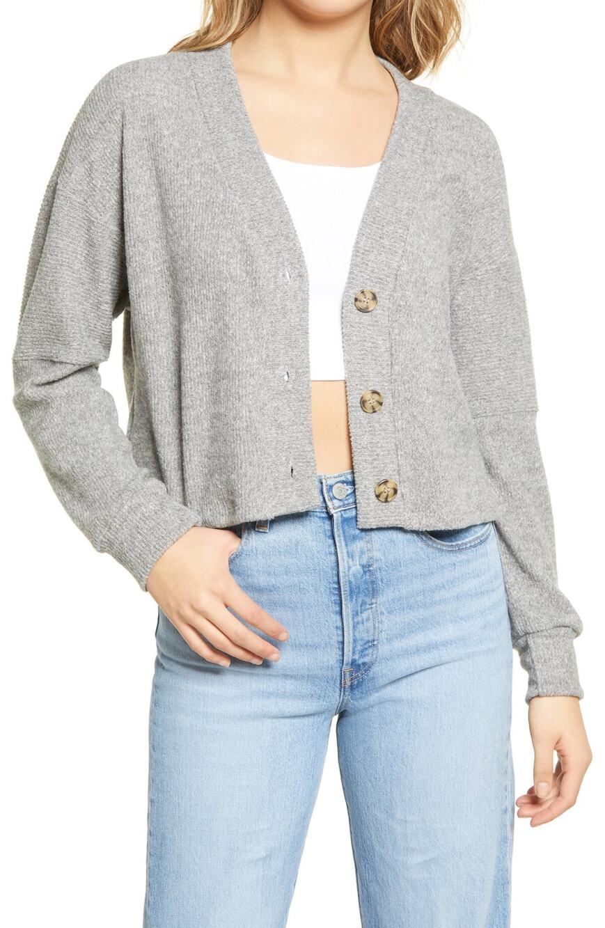 Lala Land Creative Co Brushed Knit Crop Cardigan Sweater in Gray